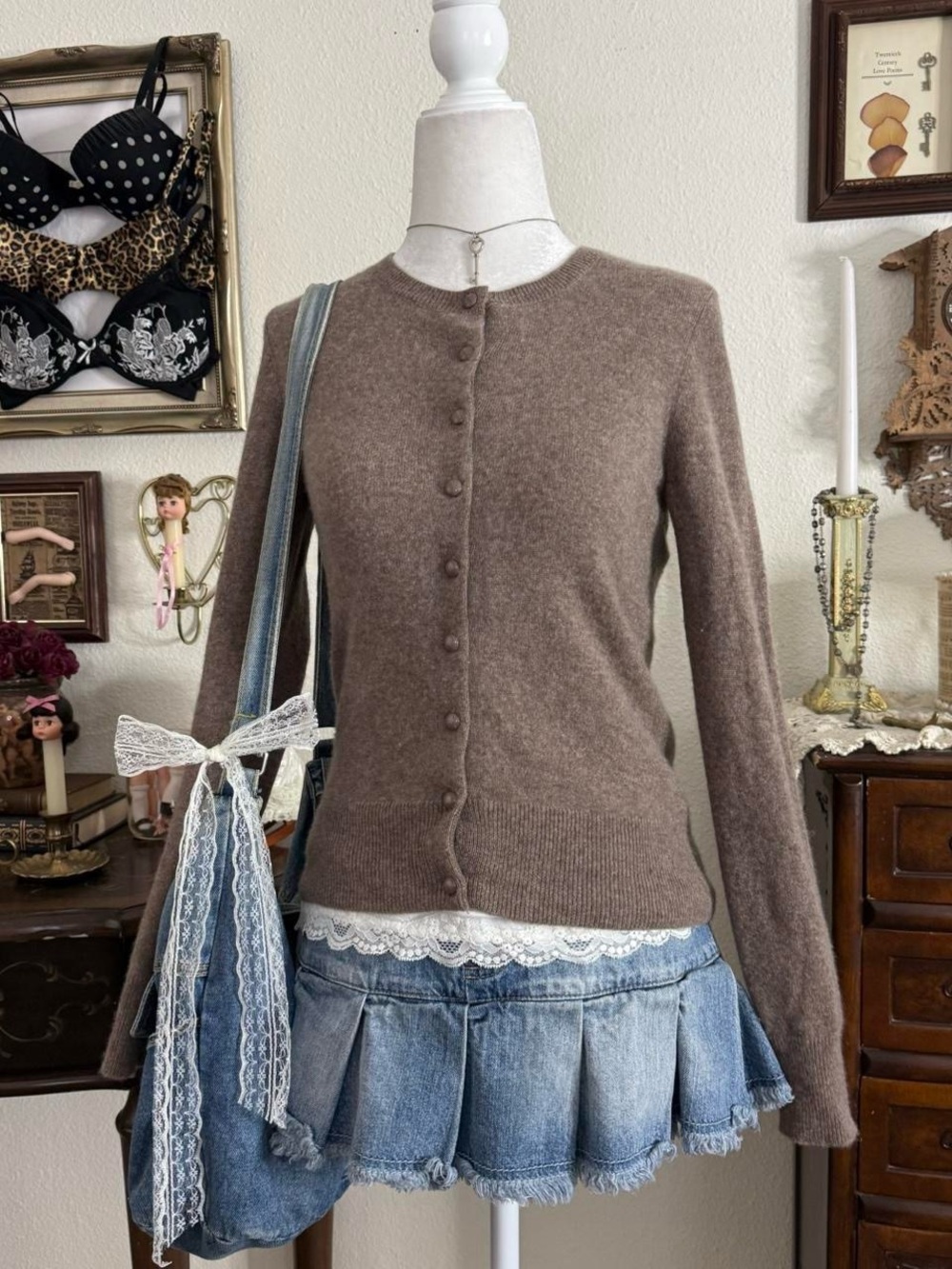 Y2k preppy twee girly grunge muted brown toned soft cashmere cardigan - Picture 2 of 5